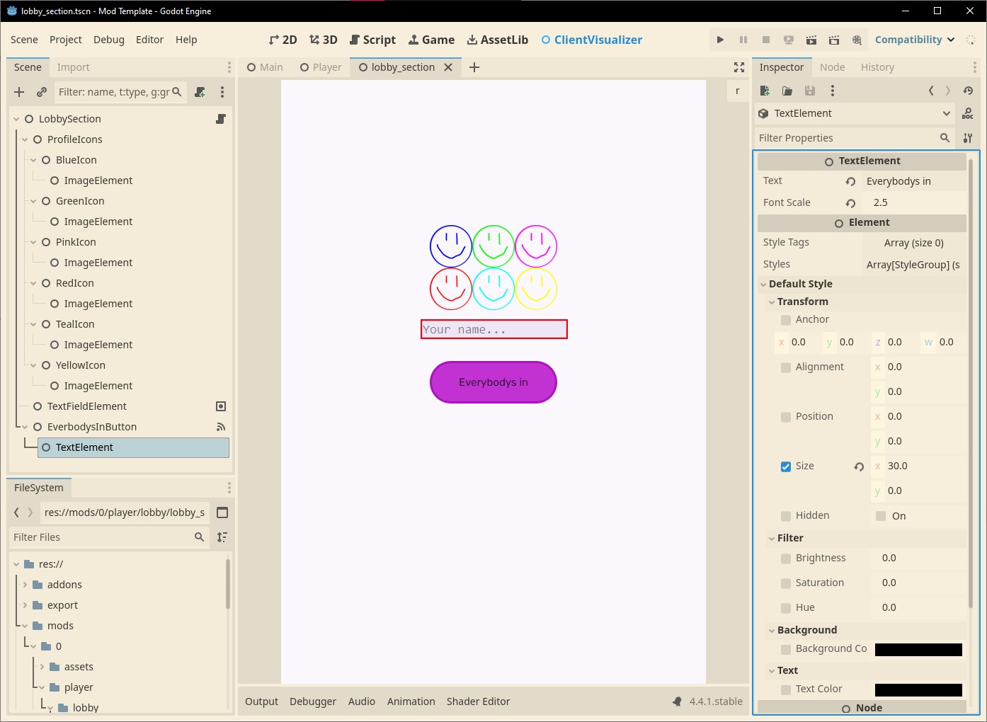Image showing the godot editor with the Elements main panel and properties panel